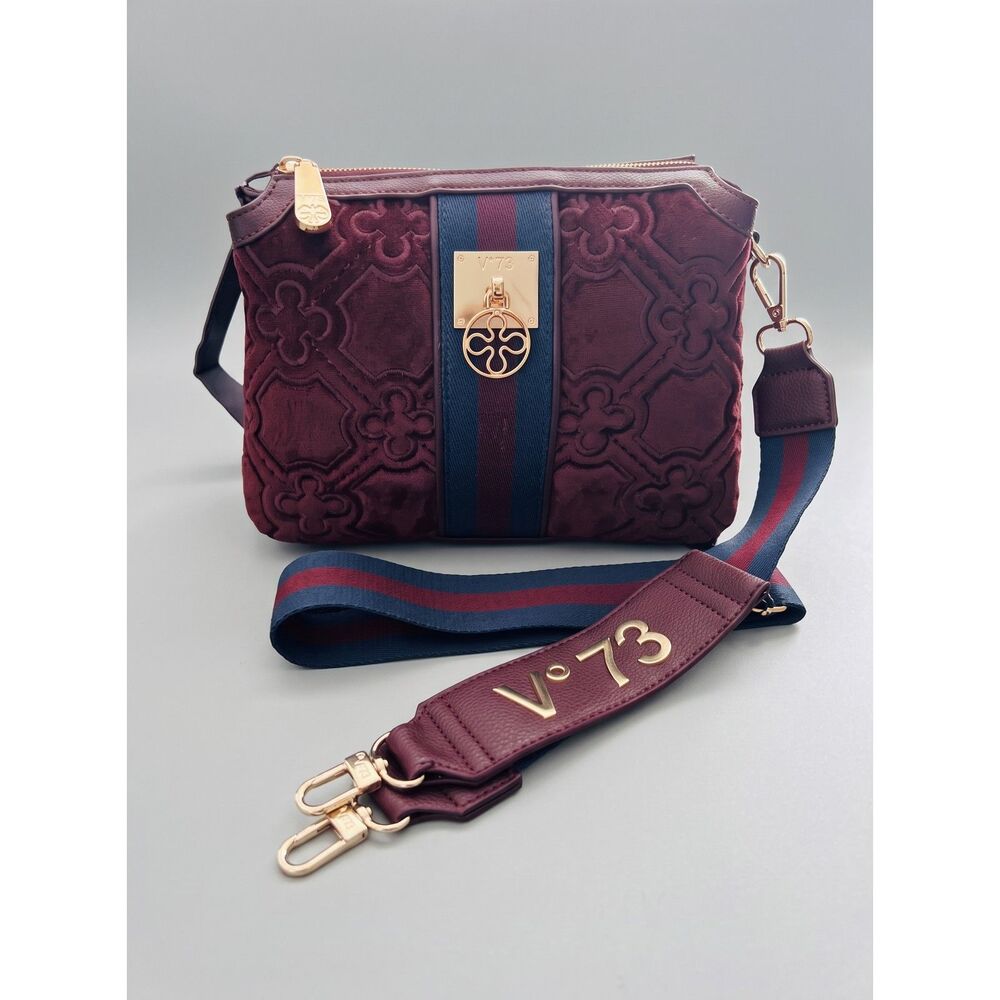V°73 Cate Crossbody Bag Burgundy Velvet Medium Gold NWT